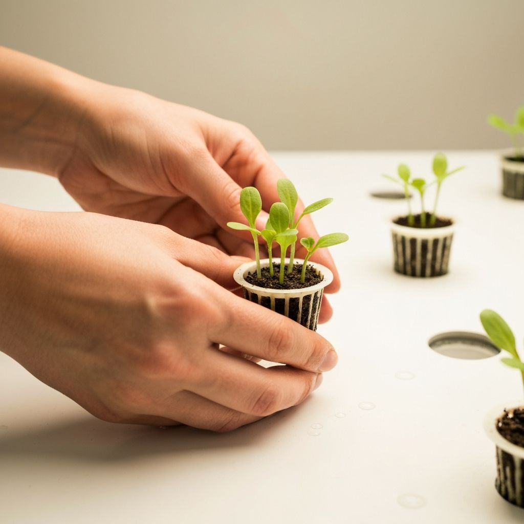 Hands tending to hydroponic seedlings in a modern indoor growing setup