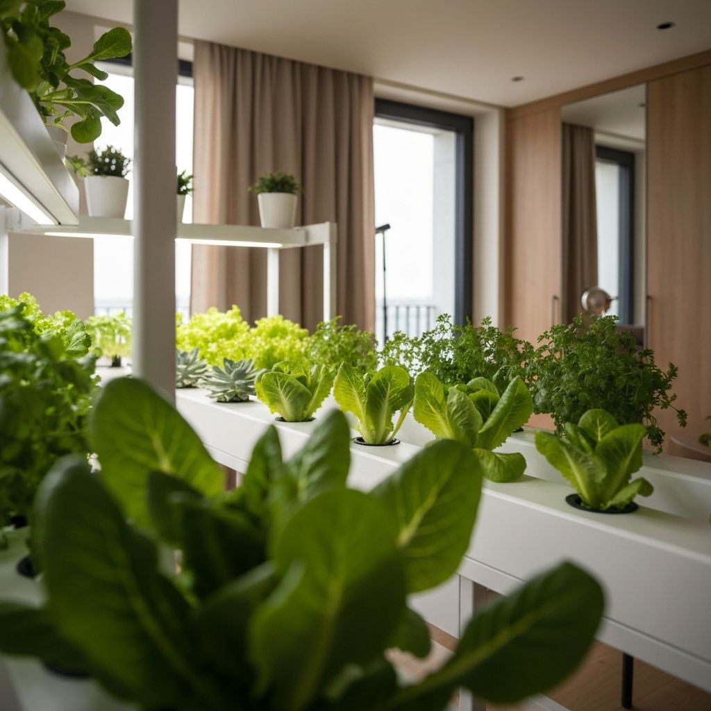 Modern indoor hydroponic garden setup with lush green plants growing under controlled conditions